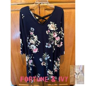 Fortune + Ivy Blue Floral V Neck Dress, Sz 1X